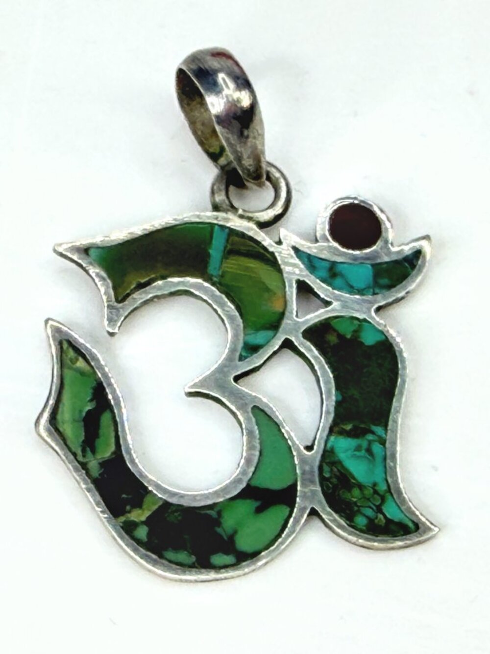 Vintage Sterling Silver Turquoise Inlay Om Pendant Artisan Jewelry JR1979